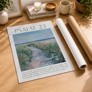 Psalm 23 Coastal Christian Wall Art, Sage Green Scripture Poster - Format: Rolled Canvas