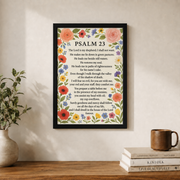 Psalm 23 Floral Christian Wall Art, Bible Verse Scripture Poster - Format: Black Framed Poster