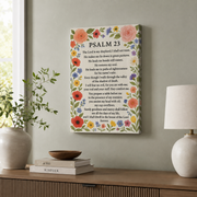 Psalm 23 Floral Christian Wall Art, Bible Verse Scripture Poster - Format: Stretched Canvas