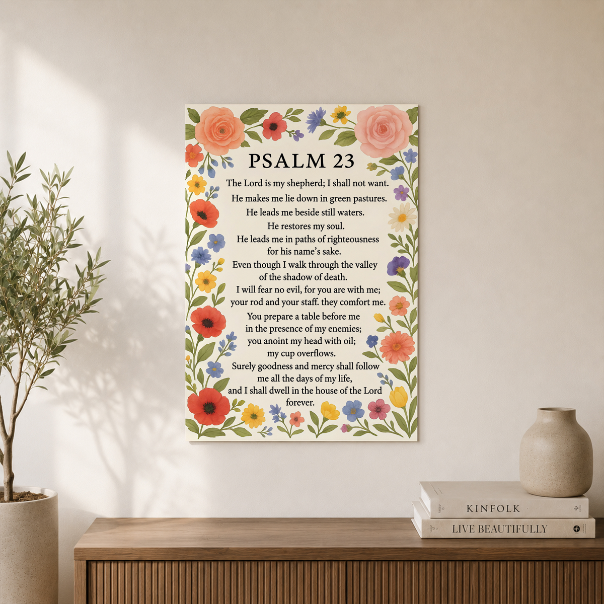 Psalm 23 Floral Christian Wall Art, Bible Verse Scripture Poster - Format: Unframed Paper Poster