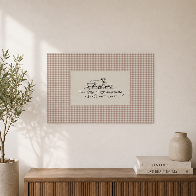 Psalm 23 Gingham Christian Nursery Wall Art, Bible Verse Poster - Format: Unframed Paper Poster