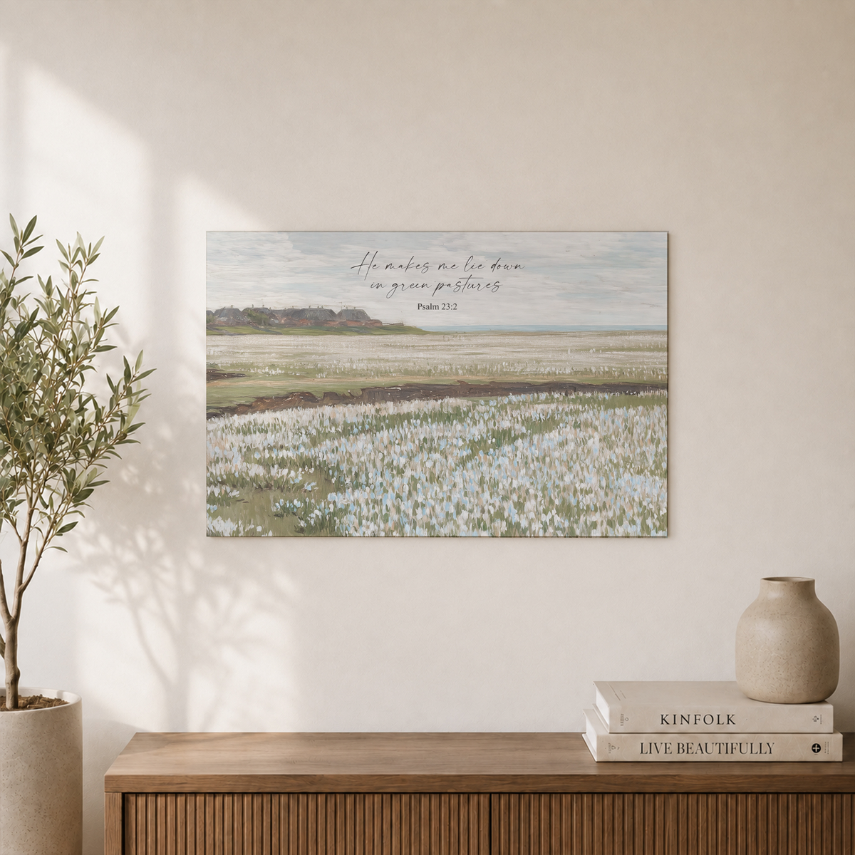 Psalm 23 Green Pastures Christian Wall Art, Vintage Landscape Scripture Poster - Format: Unframed Paper Poster