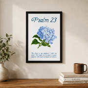 Psalm 23 Hydrangea Christian Wall Art, Blue Floral Scripture Poster - Format: Black Framed Poster
