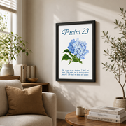 Psalm 23 Hydrangea Christian Wall Art, Blue Floral Scripture Poster - Format: Black Framed Poster