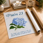 Psalm 23 Hydrangea Christian Wall Art, Blue Floral Scripture Poster - Format: Rolled Canvas