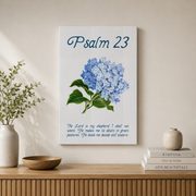 Psalm 23 Hydrangea Christian Wall Art, Blue Floral Scripture Poster - Format: Stretched Canvas