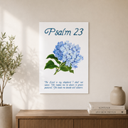 Psalm 23 Hydrangea Christian Wall Art, Blue Floral Scripture Poster - Format: Unframed Paper Poster