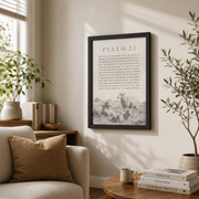 Psalm 23 Shepherd Christian Wall Art, Vintage Sketch Landscape Poster - Format: Black Framed Poster