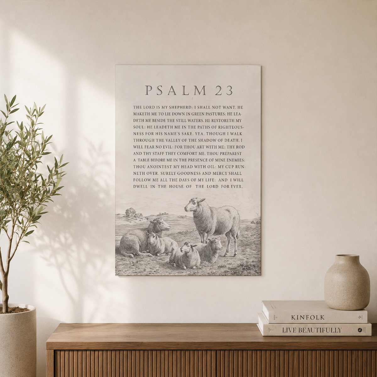 Psalm 23 Shepherd Christian Wall Art, Vintage Sketch Landscape Poster - Format: Unframed Paper Poster