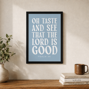 Psalm 34 Scripture Wall Art Taste And See That The Lord Is Good Coastal Christian Bible Verse Decor - Format: Black Framed Poster