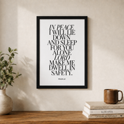 Psalm 4:8 In Peace I Will Lie Down Christian Wall Art, Minimal Scripture Poster - Format: Black Framed Poster