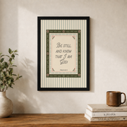 Psalm 46:10 Green Farmhouse Christian Wall Art, Be Still Scripture Poster - Format: Black Framed Poster