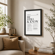 Psalm 46 Be Still And Know Christian Wall Art, Minimalist Prayer Room Poster - Format: Black Framed Poster