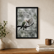 Psalm 91:4 He Will Cover You Christian Wall Art, Feather Scripture Poster - Format: Black Framed Poster