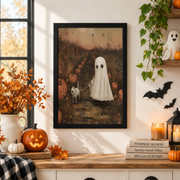 Pumpkin Patch Ghost Dog Print Whimsical Halloween Field Dark Academia Pet Wall Art - Format: Black Framed Poster