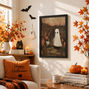 Pumpkin Patch Ghost Dog Print Whimsical Halloween Field Dark Academia Pet Wall Art - Format: Black Framed Poster