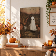 Pumpkin Patch Ghost Dog Print Whimsical Halloween Field Dark Academia Pet Wall Art - Format: Stretched Canvas