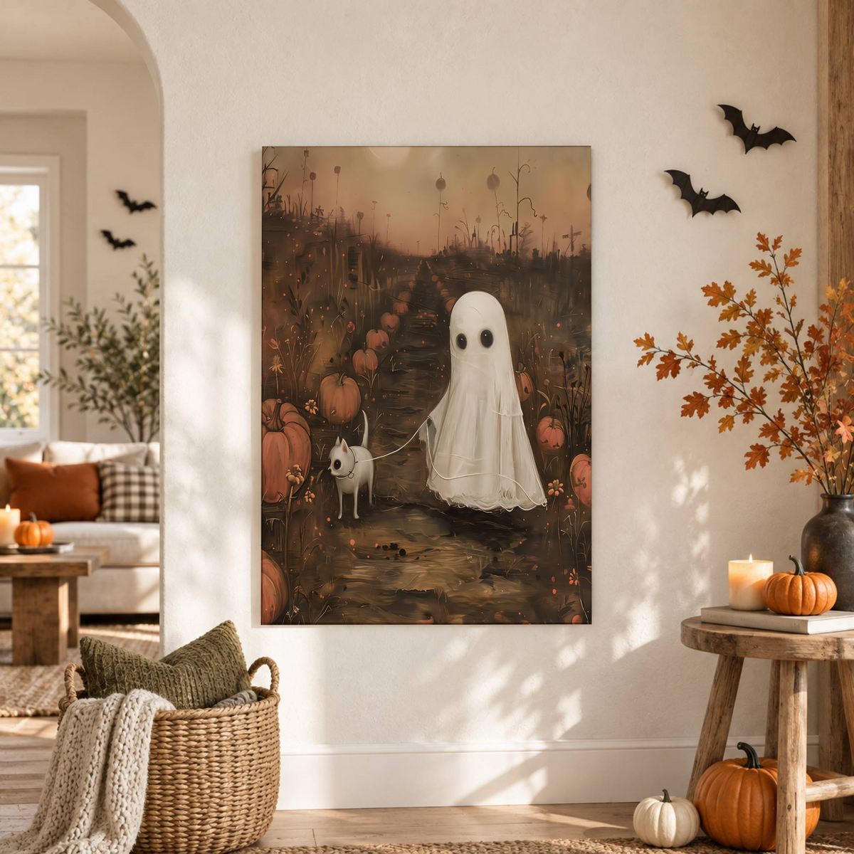 Pumpkin Patch Ghost Dog Print Whimsical Halloween Field Dark Academia Pet Wall Art - Format: Unframed Paper Poster