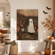 Pumpkin Patch Ghost Dog Print Whimsical Halloween Field Dark Academia Pet Wall Art - Format: Unframed Paper Poster