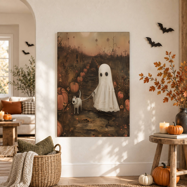 Pumpkin Patch Ghost Dog Print Whimsical Halloween Field Dark Academia Pet Wall Art - Format: Unframed Paper Poster