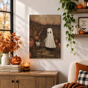 Pumpkin Patch Ghost Dog Print Whimsical Halloween Field Dark Academia Pet Wall Art - Format: Unframed Paper Poster