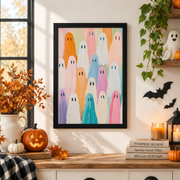 Rainbow Ghost Party Painting Pink Halloween Wall Art Cute Spooky Pastel Fall Decor Print - Format: Black Framed Poster