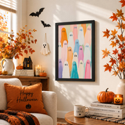 Rainbow Ghost Party Painting Pink Halloween Wall Art Cute Spooky Pastel Fall Decor Print - Format: Black Framed Poster
