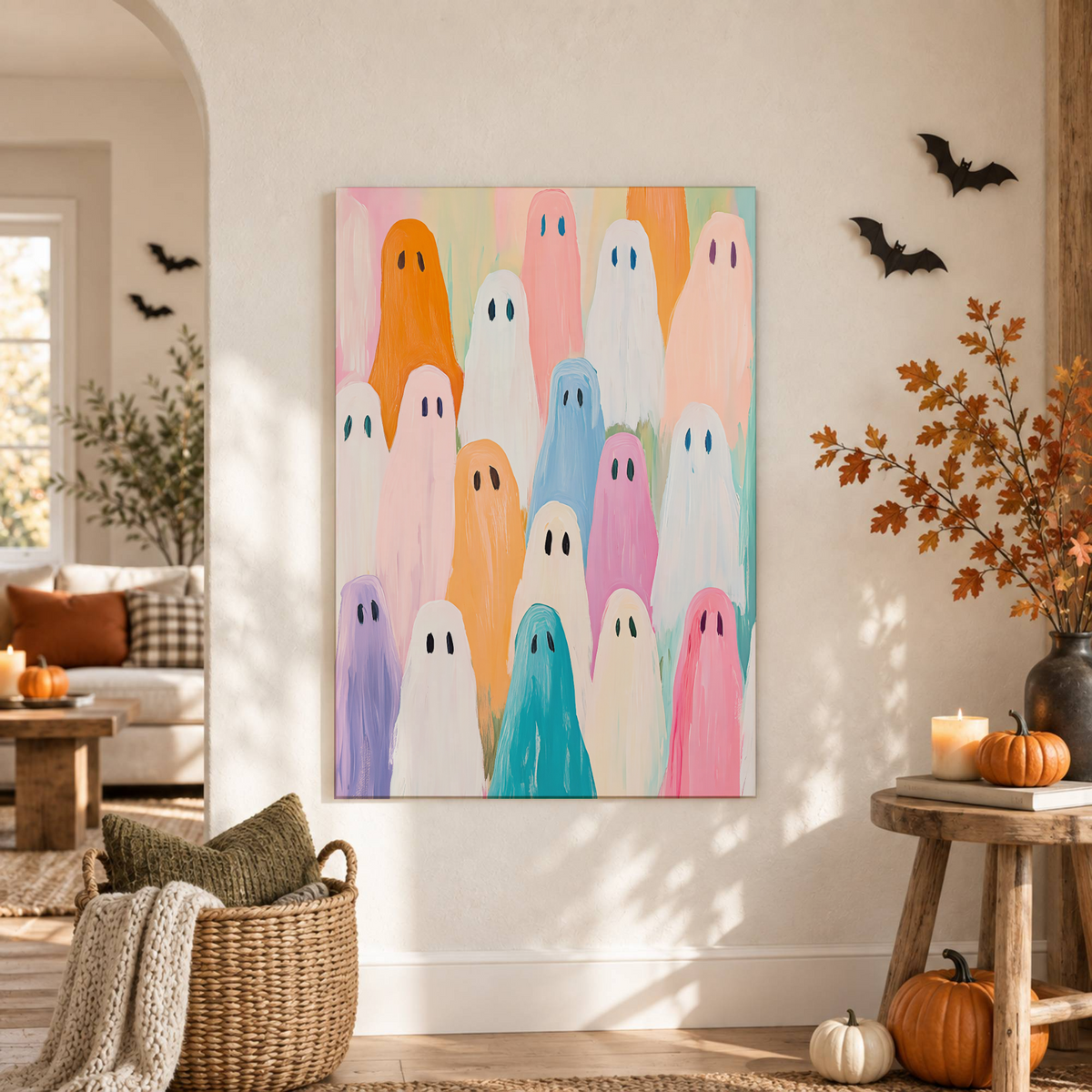 Rainbow Ghost Party Painting Pink Halloween Wall Art Cute Spooky Pastel Fall Decor Print - Format: Unframed Paper Poster