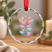 Rainbow Lotus Flower Yoga Boho Glass Ornament - Material: Circle Glass Ornament