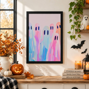 Rainbow Pastel Ghosts Painting Halloween Wall Art Cute Girly Spooky Room Decor Print - Format: Black Framed Poster