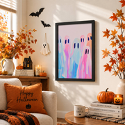 Rainbow Pastel Ghosts Painting Halloween Wall Art Cute Girly Spooky Room Decor Print - Format: Black Framed Poster