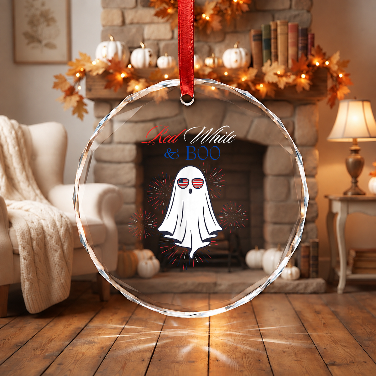 Red White Boo Ghost Patriotic Ornament for Independence Day Decor Glass Ornament - Material: Circle Glass Ornament