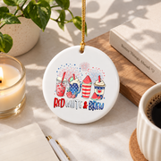 Red White Brew Iced Coffee Patriotic Summer Glass Ornament - Material: Circle Ceramic Ornament