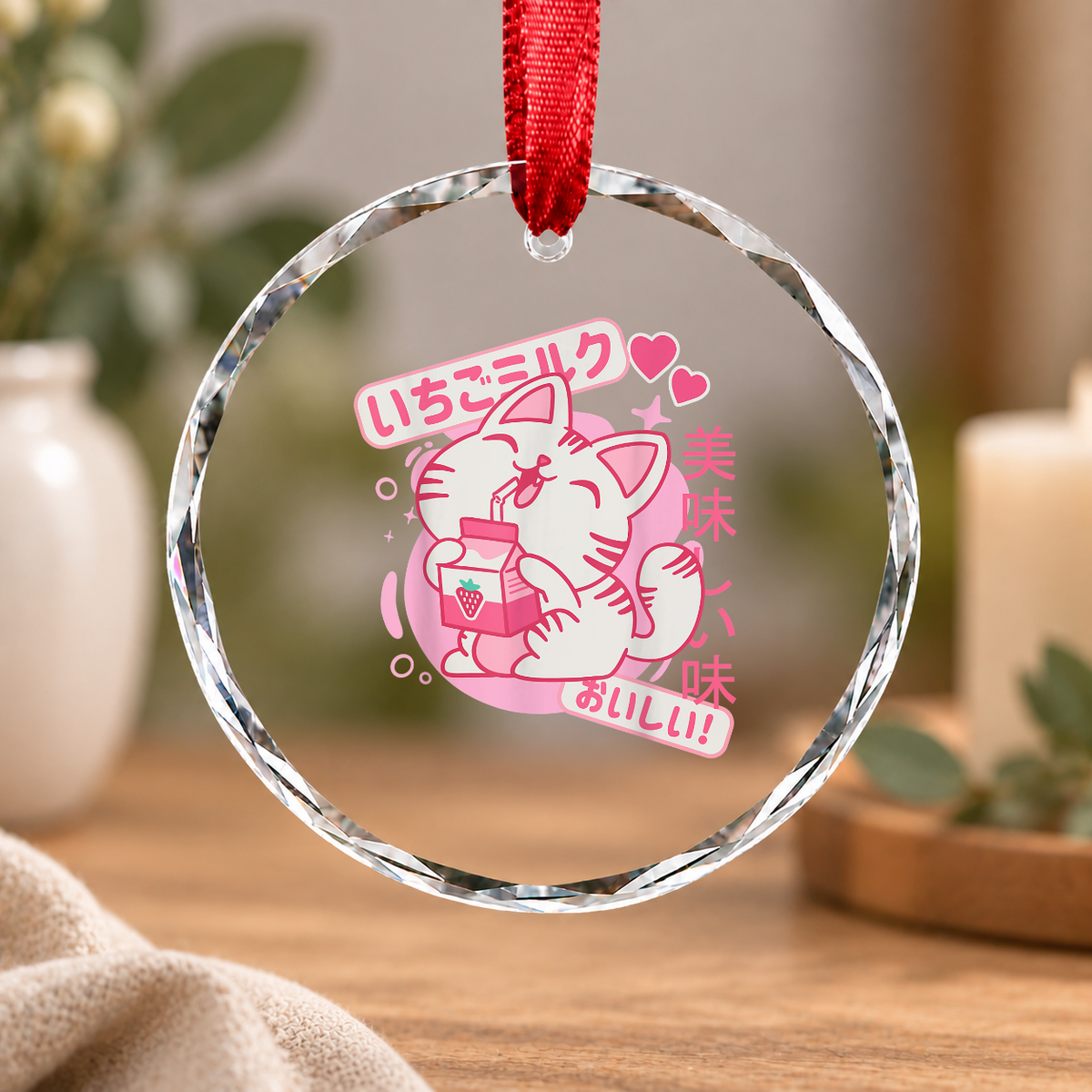 Retro 90s Japanese Kawaii Strawberry Milk Cat Glass Ornament - Material: Circle Glass Ornament