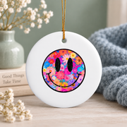 Retro Aesthetic Happy Daisy Smile Face Preppy Glass Ornament - Material: Circle Ceramic Ornament