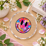 Retro Aesthetic Happy Daisy Smile Face Preppy Glass Ornament - Material: Circle Glass Ornament