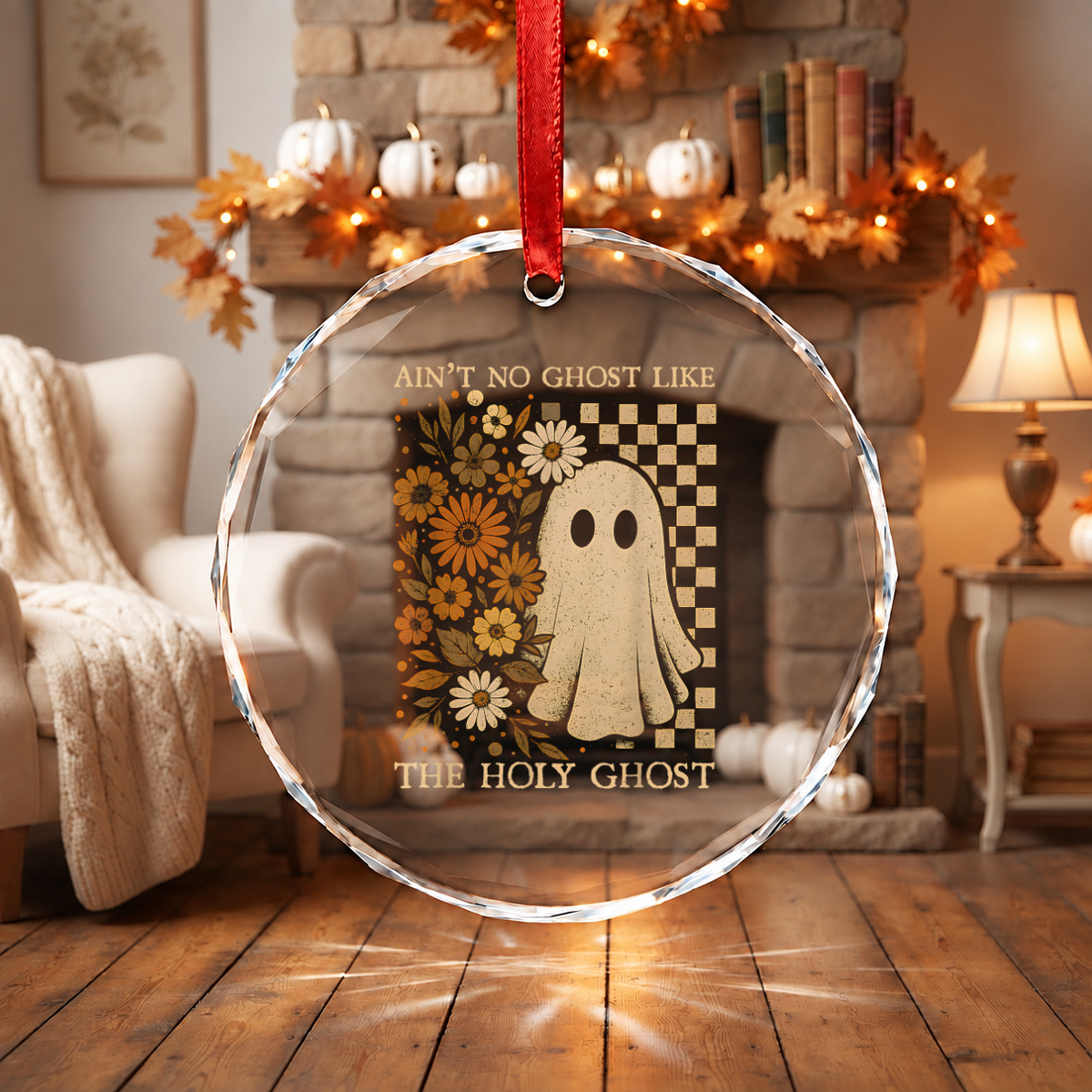 Retro Boho Christian Ghost Ornament with Spiritual Theme Glass Ornament - Material: Circle Glass Ornament