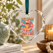 Retro Coffee Caffeine Saying But First Coffee Lover Glass Ornament - Material: Heart Glass Ornament
