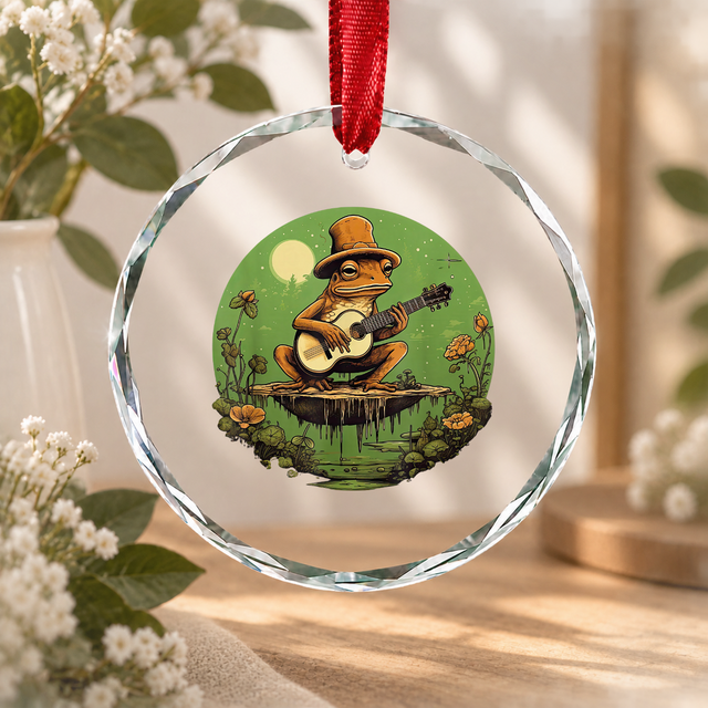 Retro Cottagecore Frog Banjo Bluegrass Style Glass Ornament - Material: Circle Glass Ornament