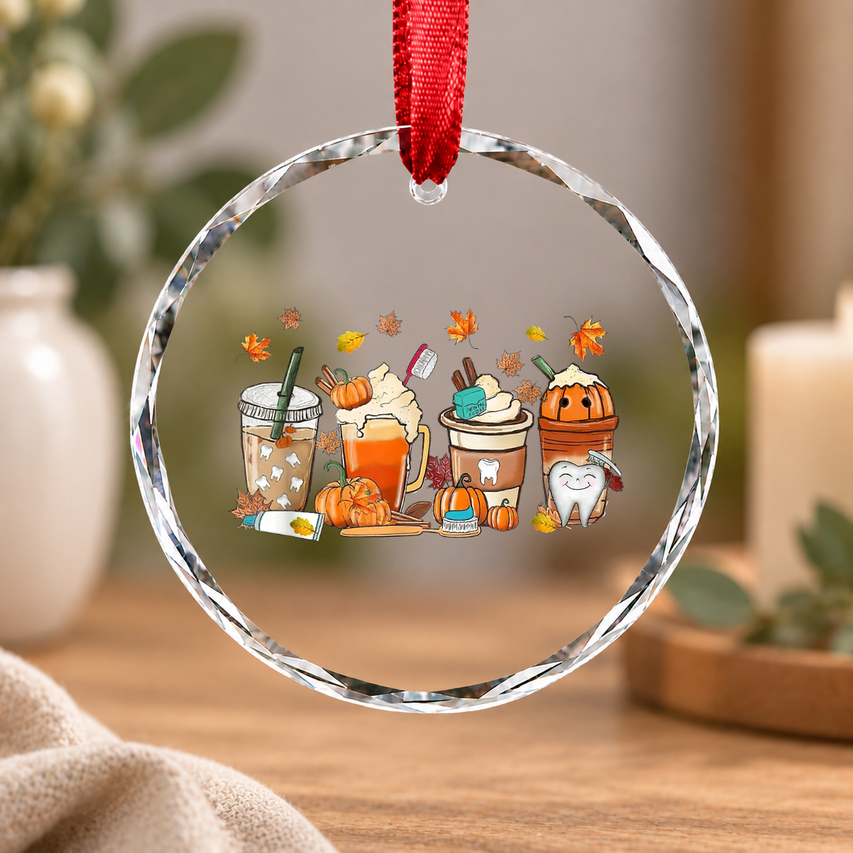 Retro Fall Coffee Dentist Tooth Hygienist Gift Glass Ornament - Material: Circle Glass Ornament
