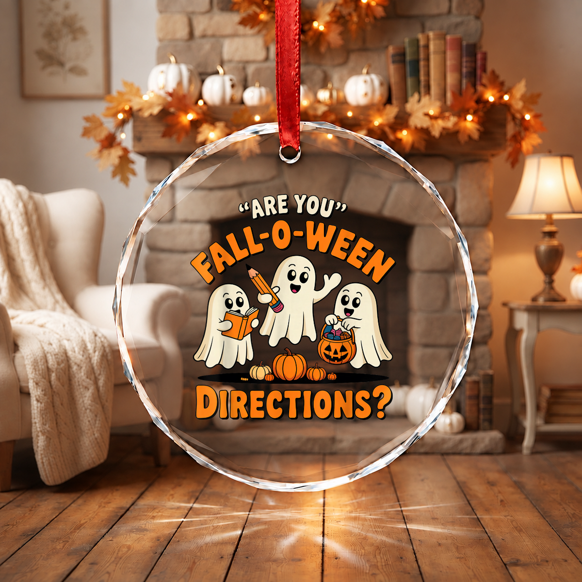 Retro Fall O Ween Ghost Ornament with Vintage Design Glass Ornament - Material: Circle Glass Ornament