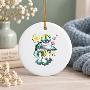 Retro Frog Hippie Peace Love Flower Design Glass Ornament - Material: Circle Ceramic Ornament