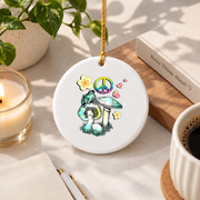 Retro Frog Hippie Peace Love Flower Design Glass Ornament - Material: Circle Ceramic Ornament