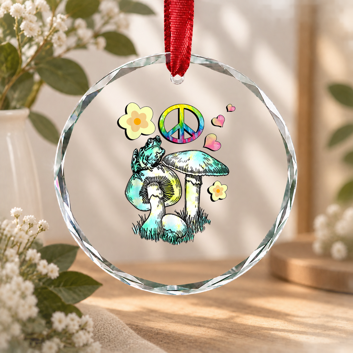 Retro Frog Hippie Peace Love Flower Design Glass Ornament - Material: Circle Glass Ornament