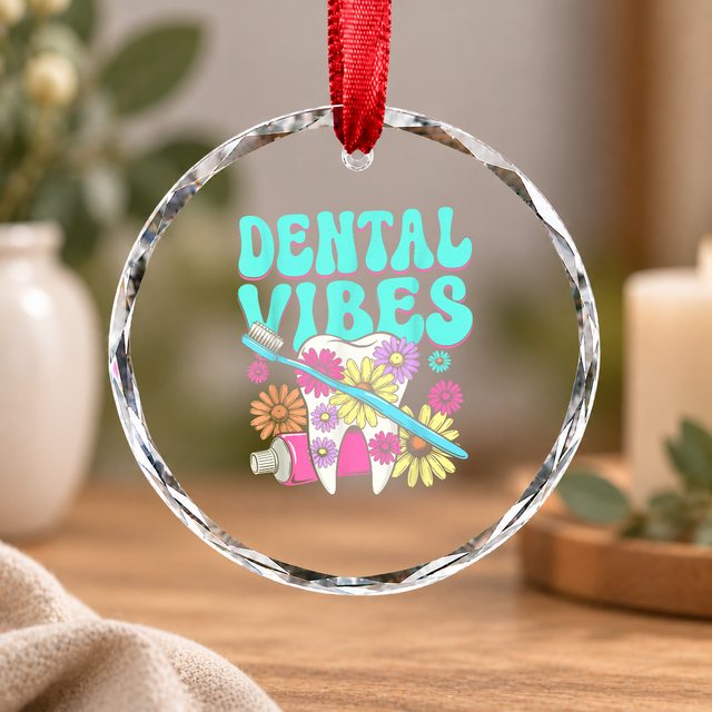 Retro Groovy Dental Vibes Dentist Hygienist Gift Glass Ornament - Material: Circle Glass Ornament