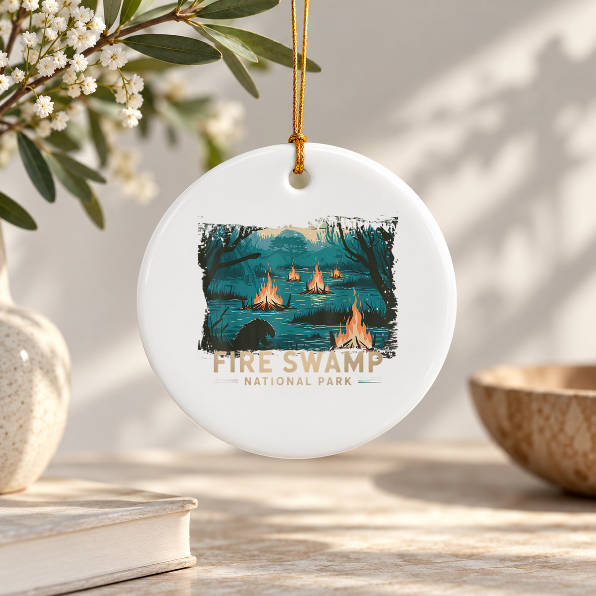Retro National Park Camping Mountain Ceramic Ornament - Material: Circle Ceramic Ornament