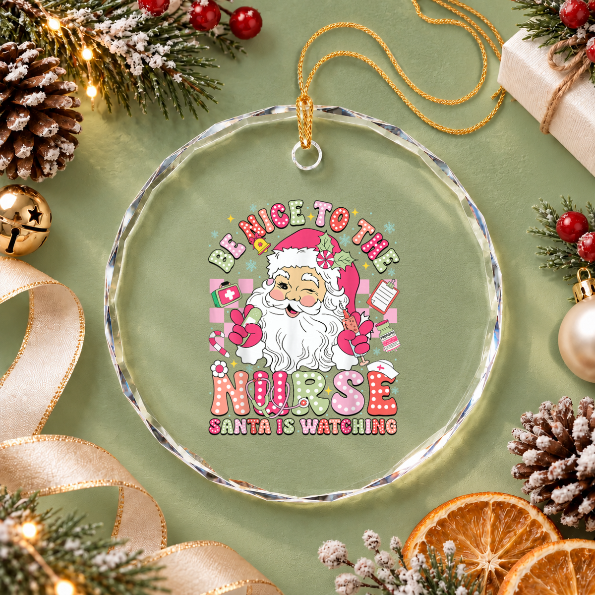 Retro Nurse Santa Christmas Glass Ornament - Material: Circle Glass Ornament