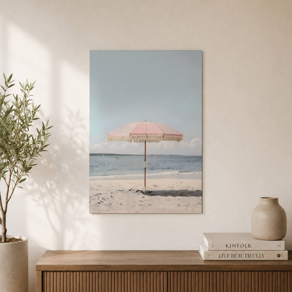 Retro Pink Beach Umbrella Wall Art Summer Coastal Poster Seaside Home Decor Poster Unframed - Format: Unframed Paper Poster