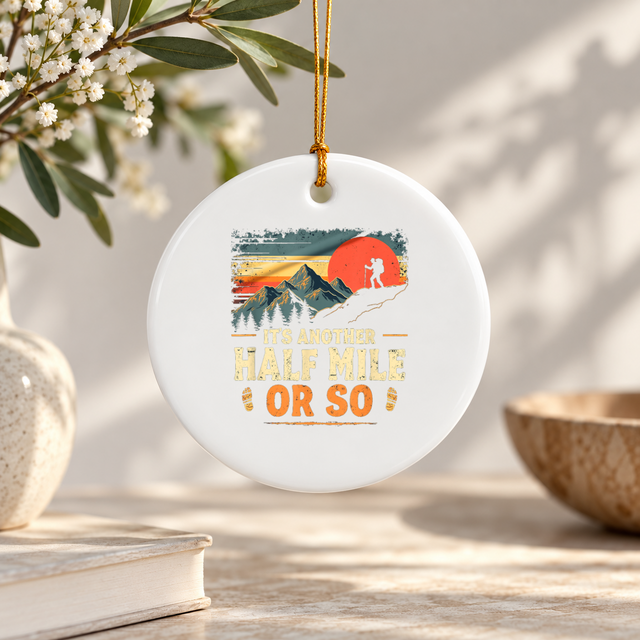 Retro Vintage Hiking Trail Adventure Ceramic Ornament - Material: Circle Ceramic Ornament