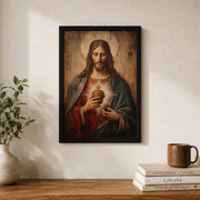 Sacred Heart Of Jesus Christian Wall Art, Antique Divine Light Portrait Poster - Format: Black Framed Poster